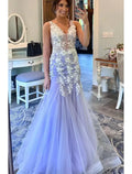 Mermaid / Trumpet Prom Dresses Floral Dress Formal Sweep / Brush Train Sleeveless V Neck with Ruffles Appliques