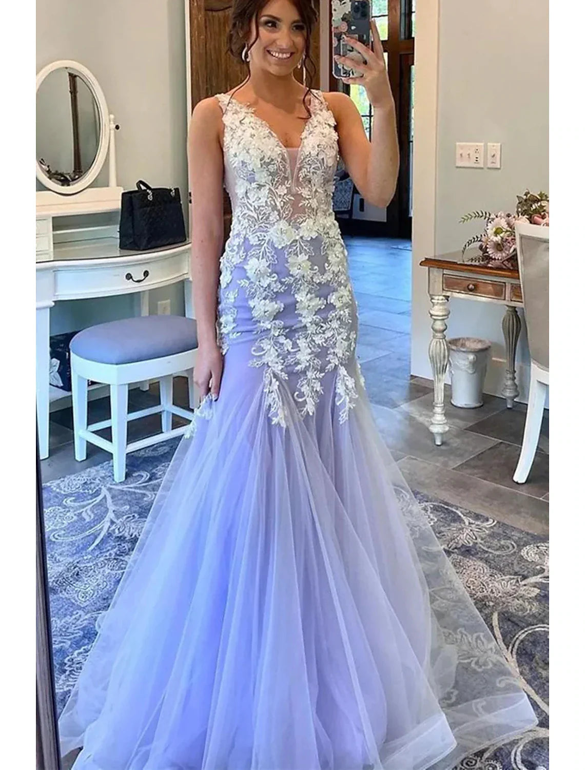 Mermaid / Trumpet Prom Dresses Floral Dress Formal Sweep / Brush Train Sleeveless V Neck with Ruffles Appliques