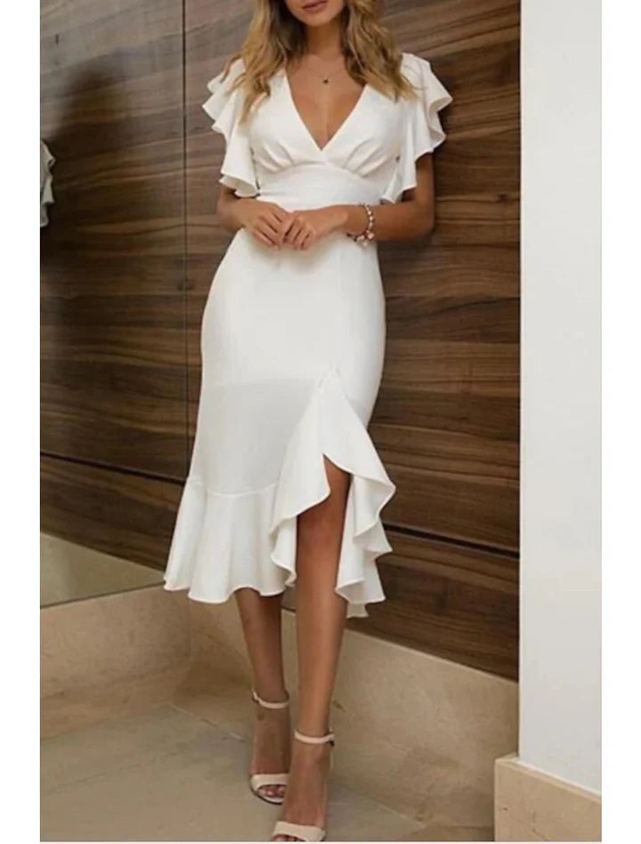 White Mermaid V-Neck Ruffle Sleeve Midi Prom Dress