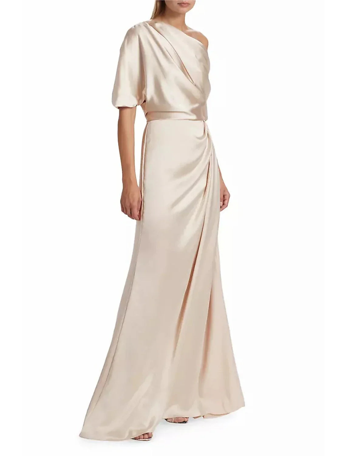 Mother of the Bride Dress Formal Wedding Guest Elegant Simple Off Shoulder Floor Length Charmeuse Short Sleeve with Side Draping Side-Draped Solid Color