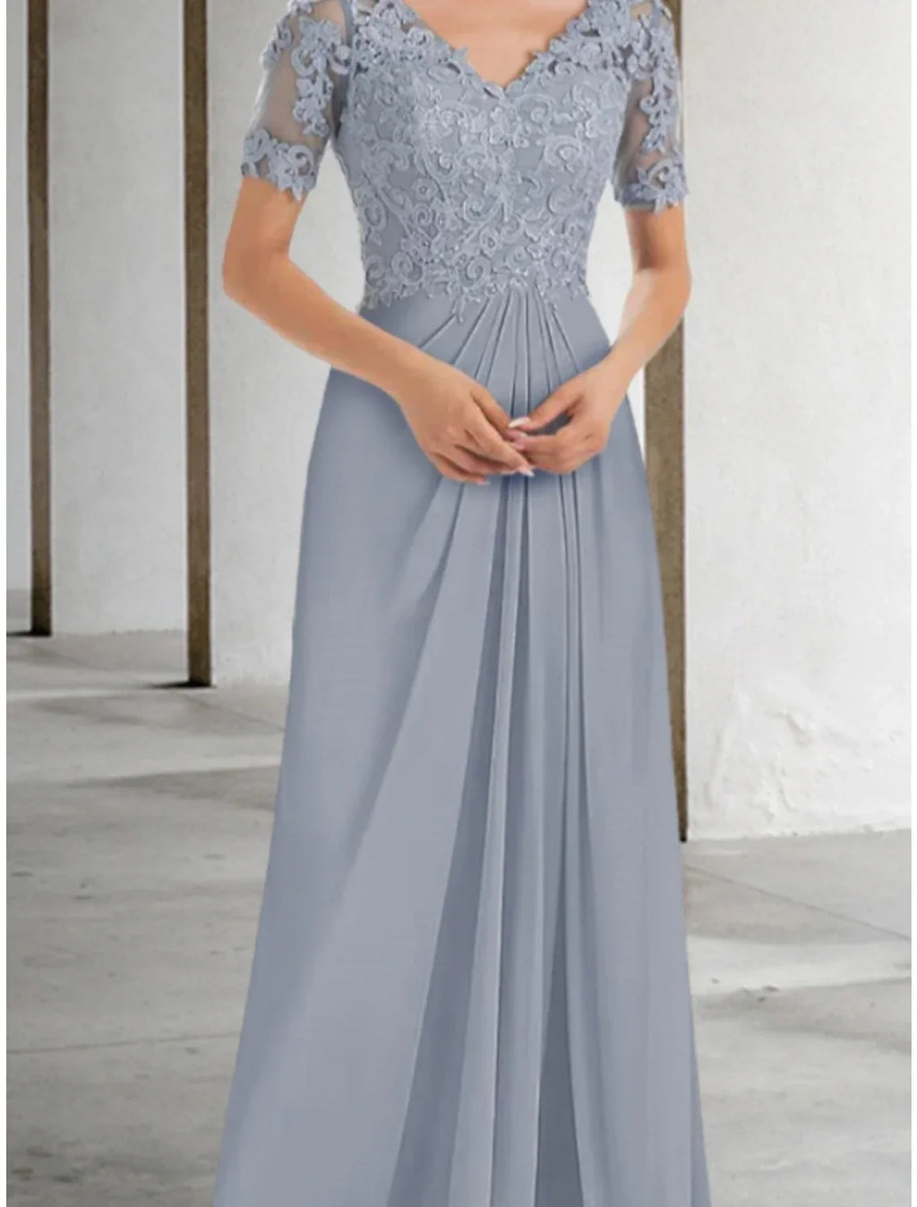 Mother of the Bride Dress Wedding Guest Elegant V Neck Floor Length Short Sleeve with Ruching Solid Color