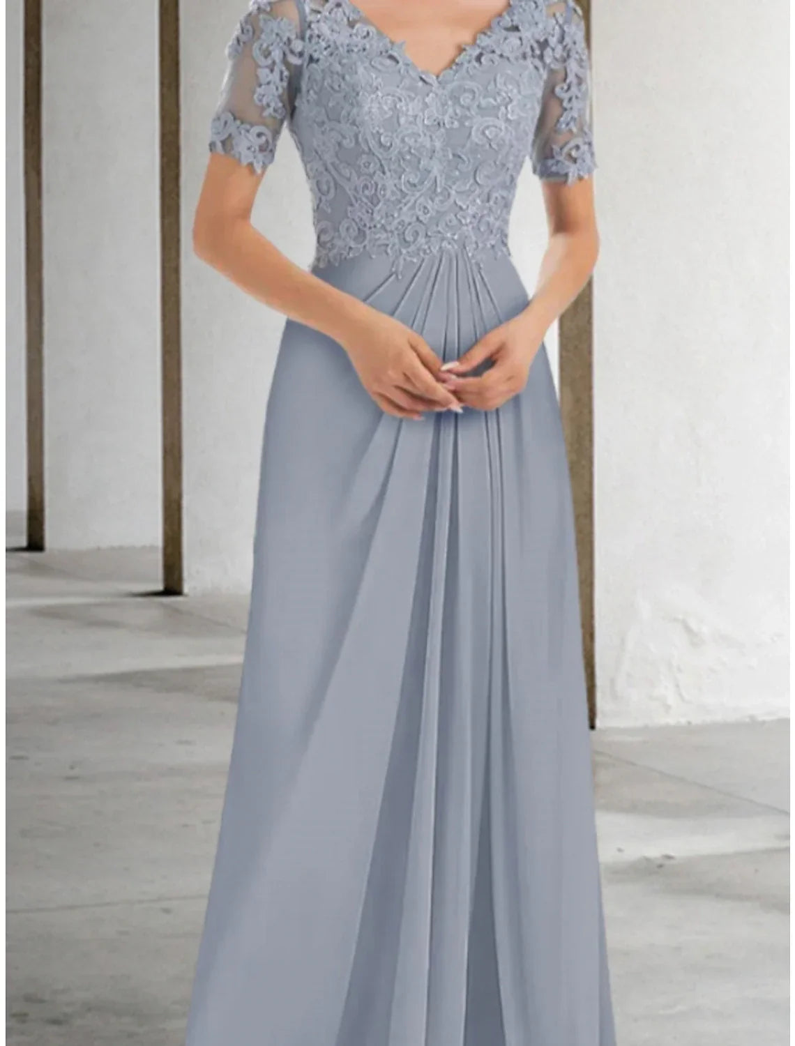 Mother of the Bride Dress Wedding Guest Elegant V Neck Floor Length Short Sleeve with Ruching Solid Color