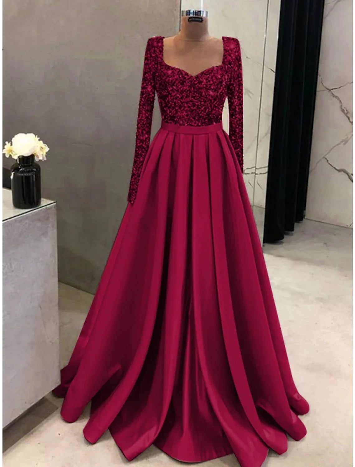Evening Gown Elegant Dress Formal Fall Sweep / Brush Train Long Sleeve Square Neck with Glitter Pleats