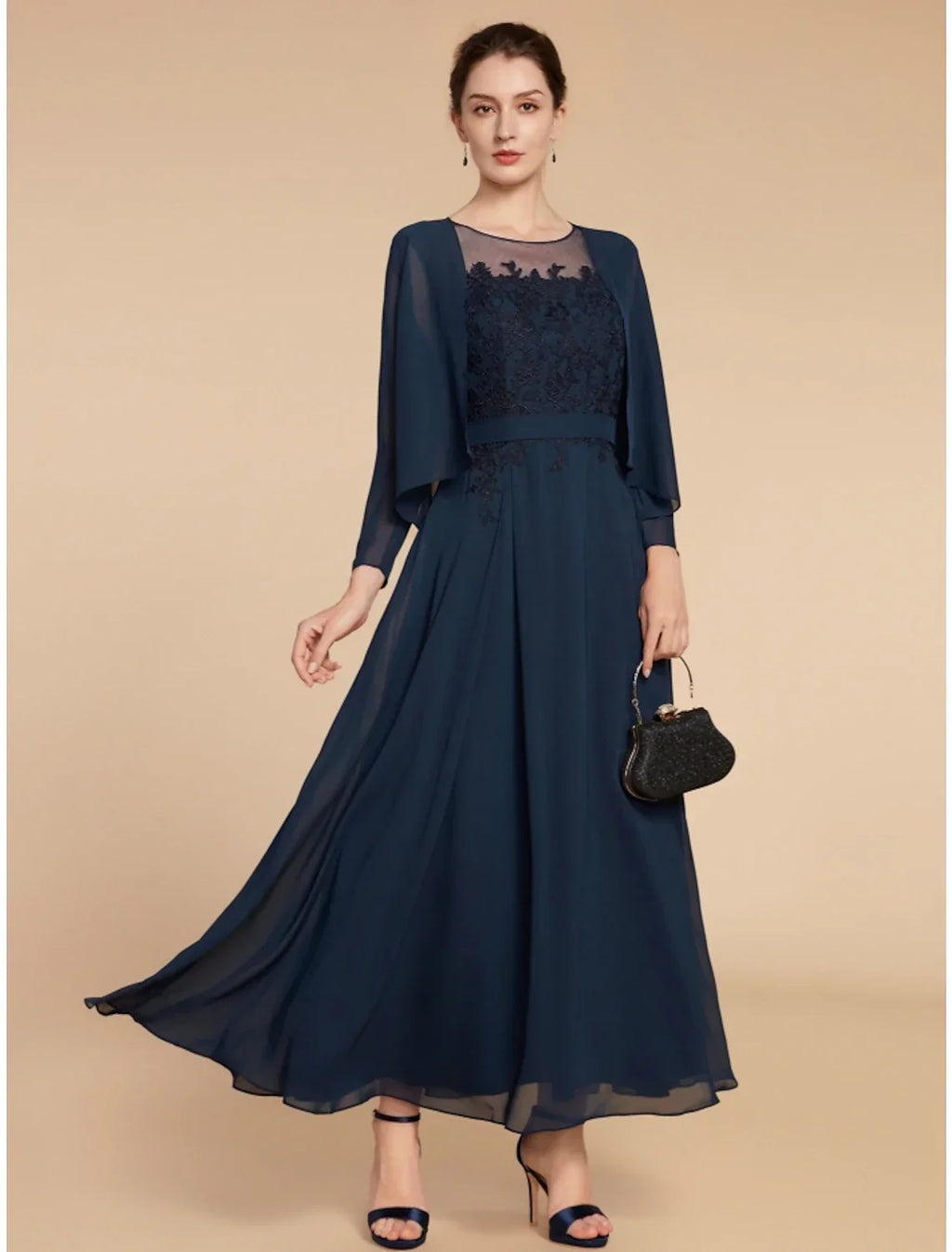 Mother of the Bride Dress Wedding Guest Elegant Jewel Neck Ankle Length Long Sleeve with Ruching Solid Color