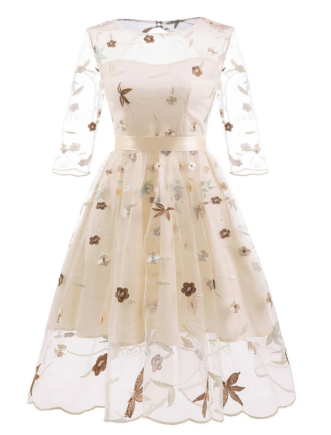 Cocktail Dresses Floral Dress Homecoming Wedding Guest Knee Length Half Sleeve Jewel Neck with Embroidery Appliques