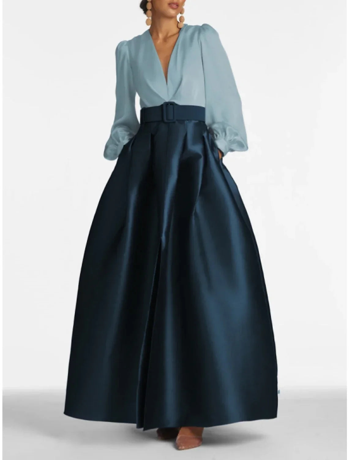Green Formal Pocket Christmas Red Green Dress Long Sleeve Blue Evening Gown High Split Wedding Guest Dress Fall Wedding Floor Length Color Contrast V Neck Belt / Sash with Pleats Slit
