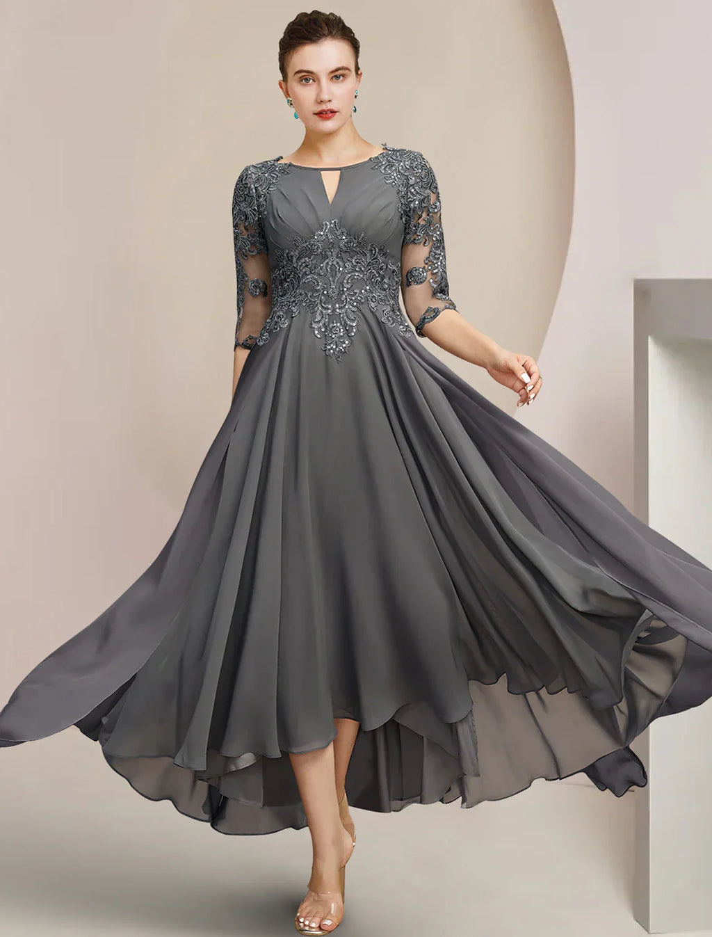 Mother of the Bride Dress Formal Wedding Guest Elegant High Low Scoop Neck Tea Length Half Sleeve with Appliques
