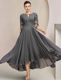 Mother of the Bride Dress Formal Wedding Guest Elegant High Low Scoop Neck Tea Length Half Sleeve with Appliques