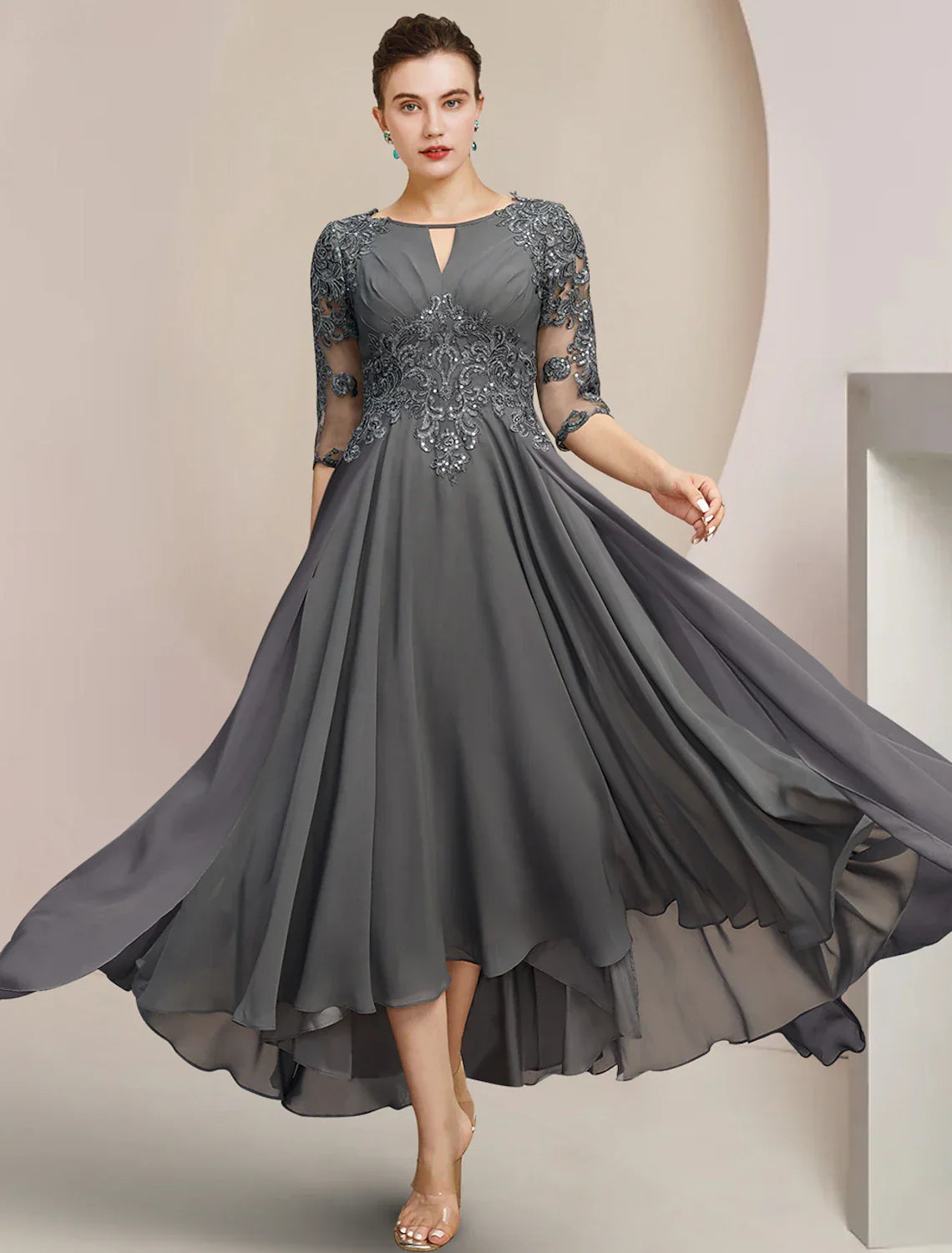 Mother of the Bride Dress Formal Wedding Guest Elegant High Low Scoop Neck Tea Length Half Sleeve with Appliques