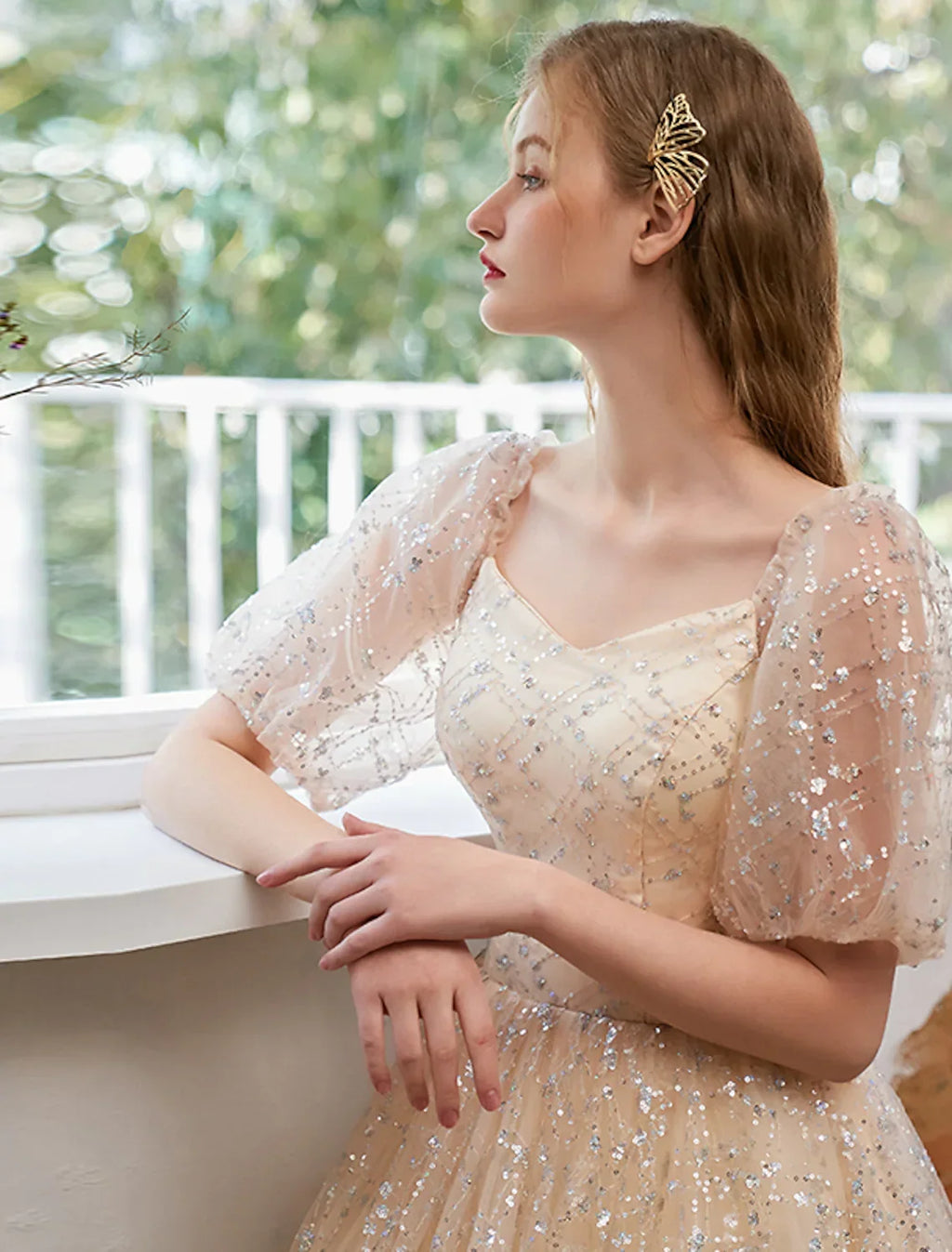 Glittering Elegant Prom Formal Evening Dress Short Sleeve Floor Length Pleats