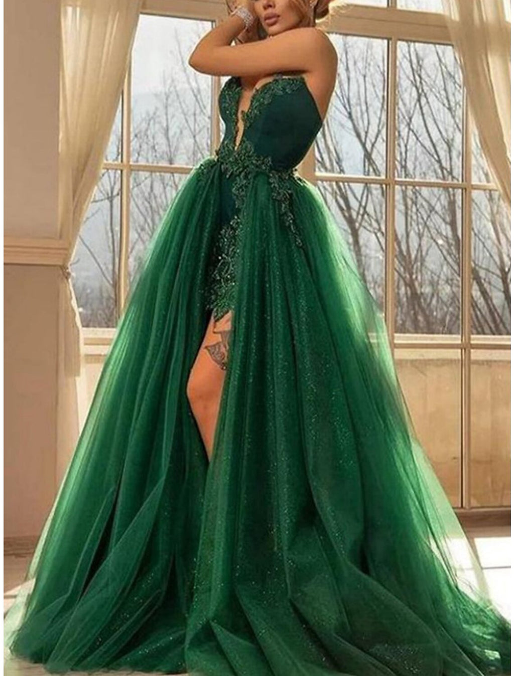 Green Evening Gown Elegant Dress Formal Sweep / Brush Train Christmas Red Dress Sleeveless Sweetheart with Glitter Pleats Slit