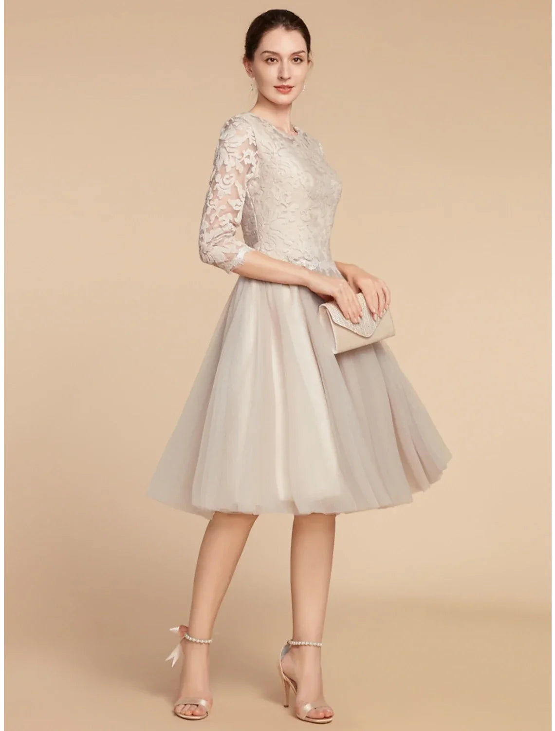 Mother of the Bride Dress Wedding Guest Elegant Petite Jewel Neck Knee Length Half Sleeve with Pleats Solid Color