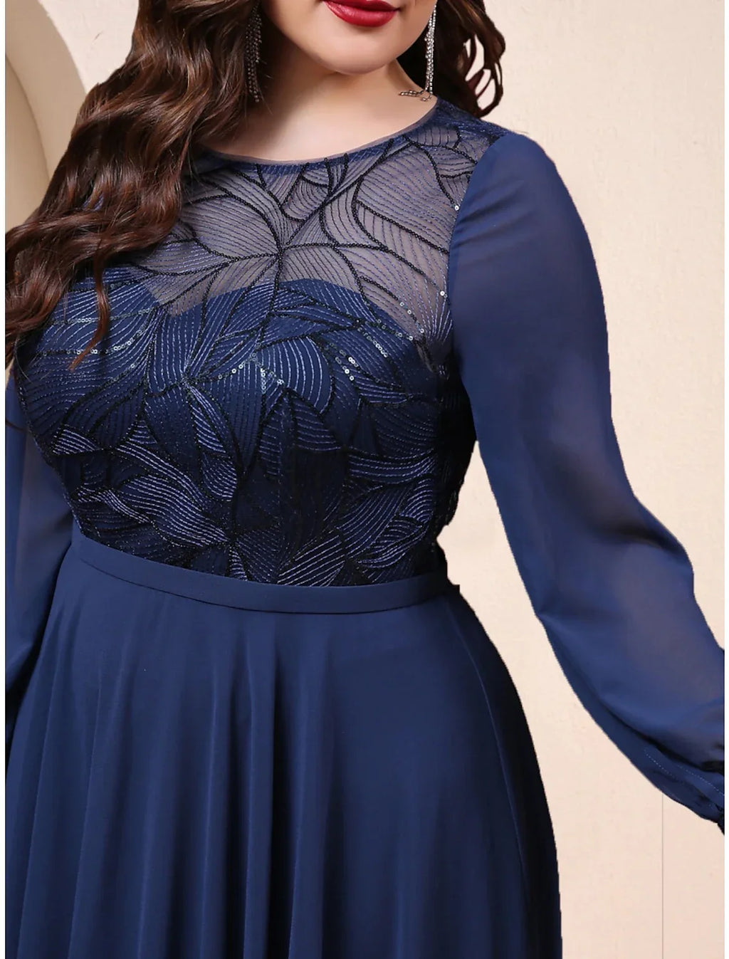 Plus Size Curve Mother of the Bride Dress Wedding Guest Plus Size Sparkle & Shine Jewel Neck Floor Length Long Sleeve with Pleats