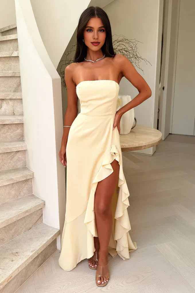 Beautiful Timeless Chic Elegant Red Satin Mermaid Strapless Sleeveless Floor-Length Prom Dress