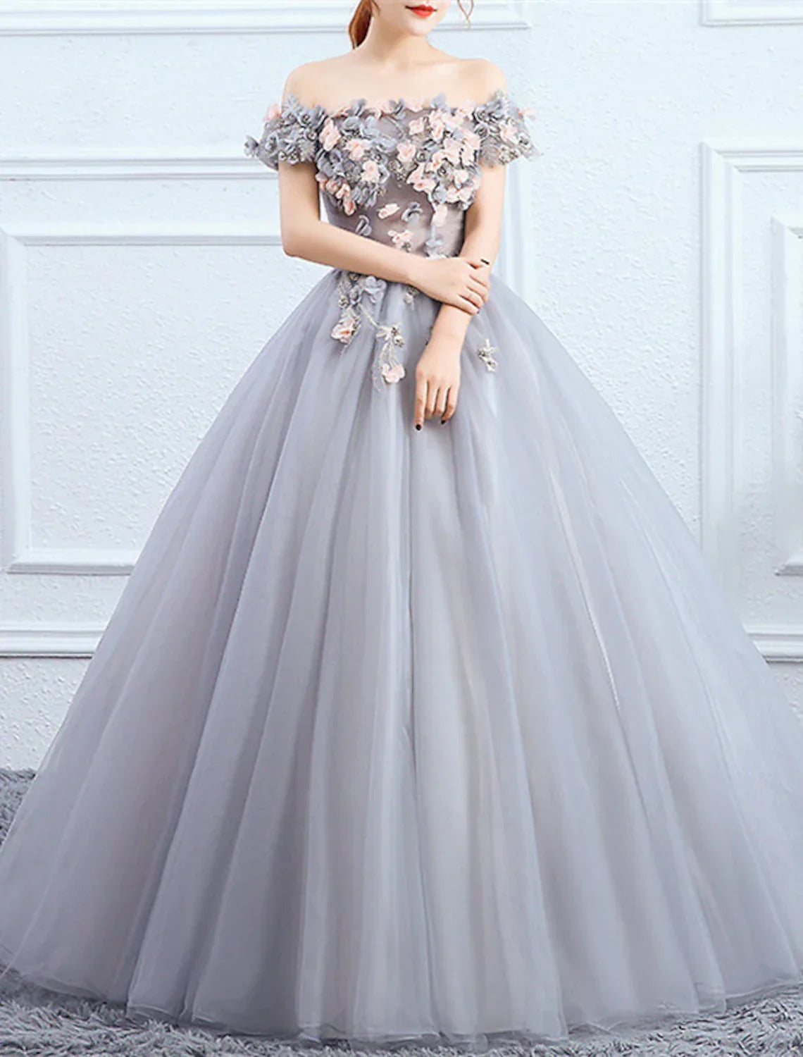 Ball Gown Quinceanera Dresses Princess Dress Performance Sweet 16 Floor Length Short Sleeve Off Shoulder with Appliques