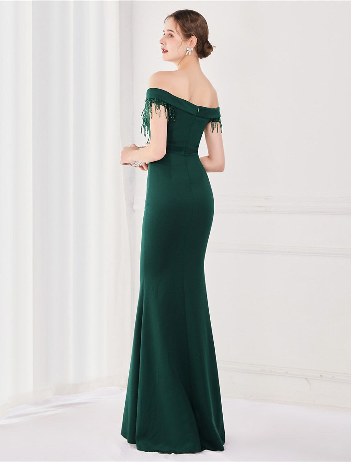 Sexy Wedding Formal Evening Dress Off Shoulder V Back Short Sleeve Floor Length with Tassel