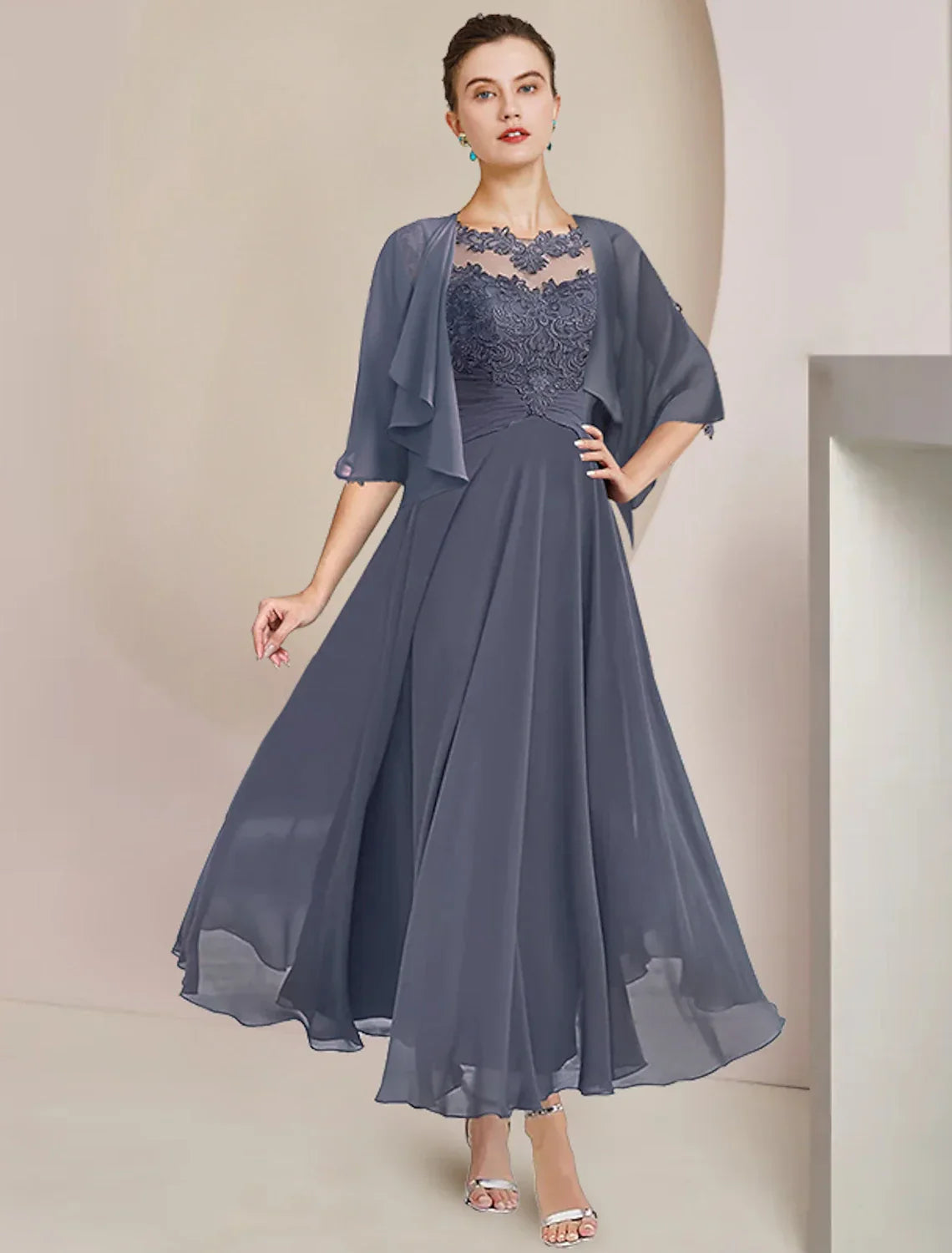 Two Piece A-Line Mother of the Bride Dress Formal Wedding Guest Elegant Scoop Neck Tea Length 3/4 Length Sleeve Wrap Included with Appliques Ruching