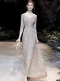 Sparkle Dress Engagement Floor Length Sleeve V Neck with Pleats