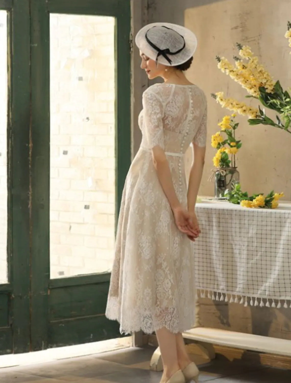White Bridal Little Dresses Wedding Dresses A-Line Half Sleeve With Sash Ribbon Appliques