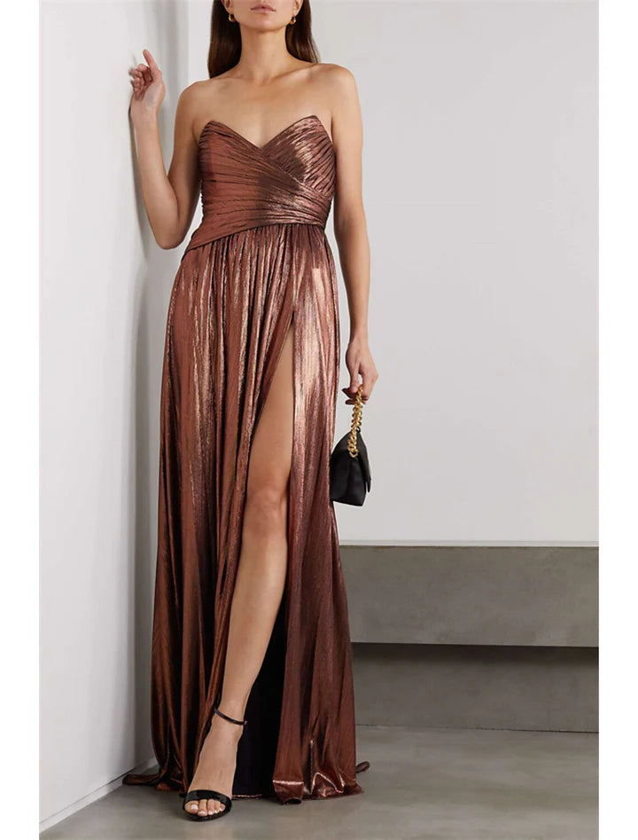 Bronze Strapless Sweetheart Neck High-Slit Floor-Length Prom Dress