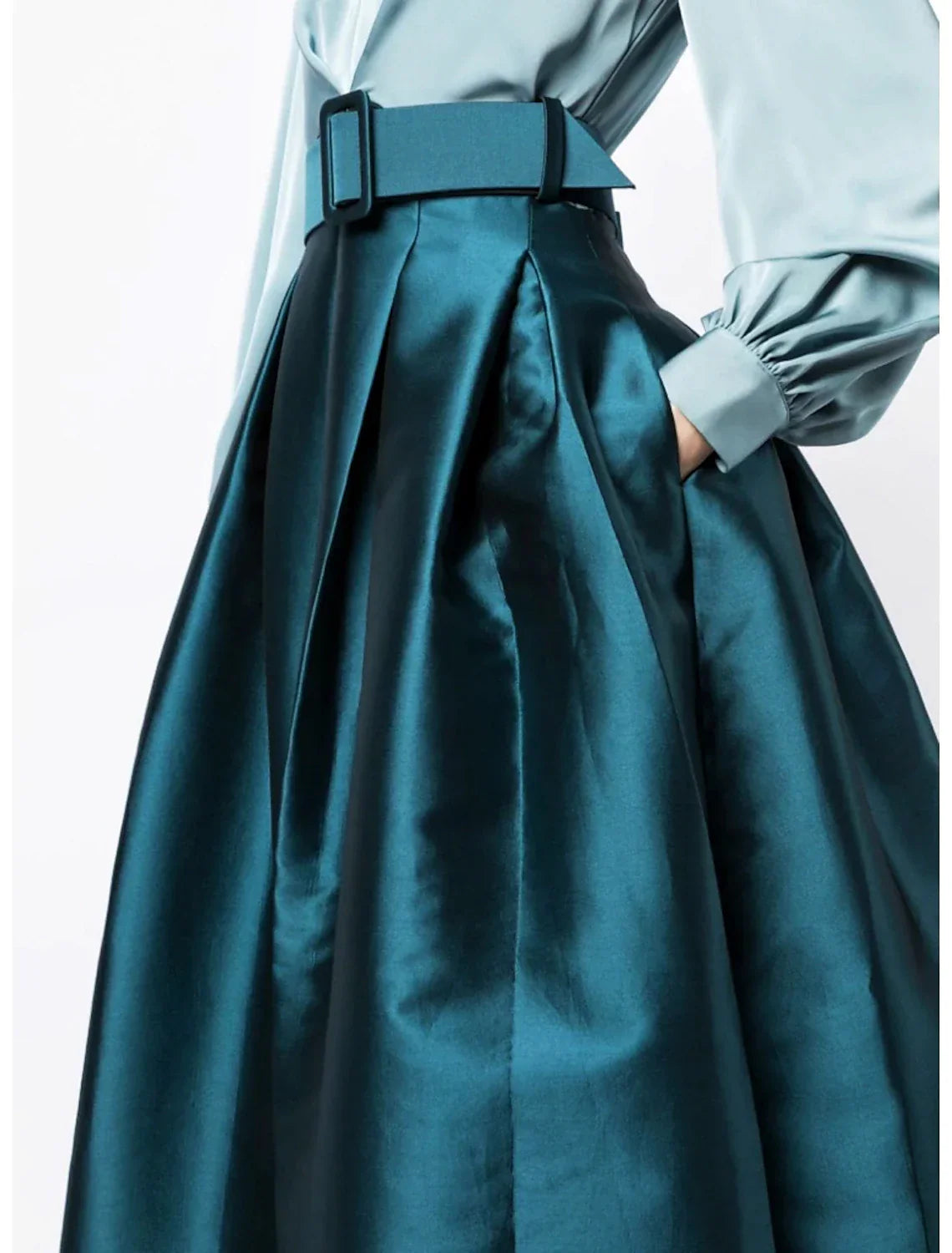 Green Formal Pocket Christmas Red Green Dress Long Sleeve Blue Evening Gown High Split Wedding Guest Dress Fall Wedding Floor Length Color Contrast V Neck Belt / Sash with Pleats Slit