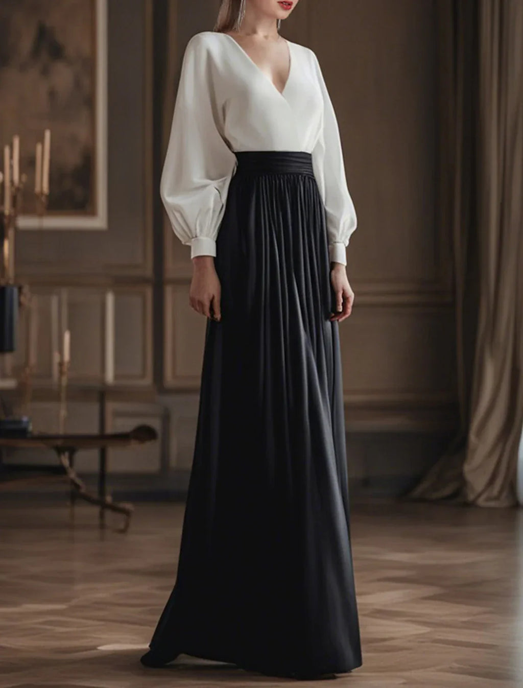 Black Evening Gown Dress Plus Size Formal Wedding Guest Floor Length Long Sleeve V Neck Gothic with Pleats