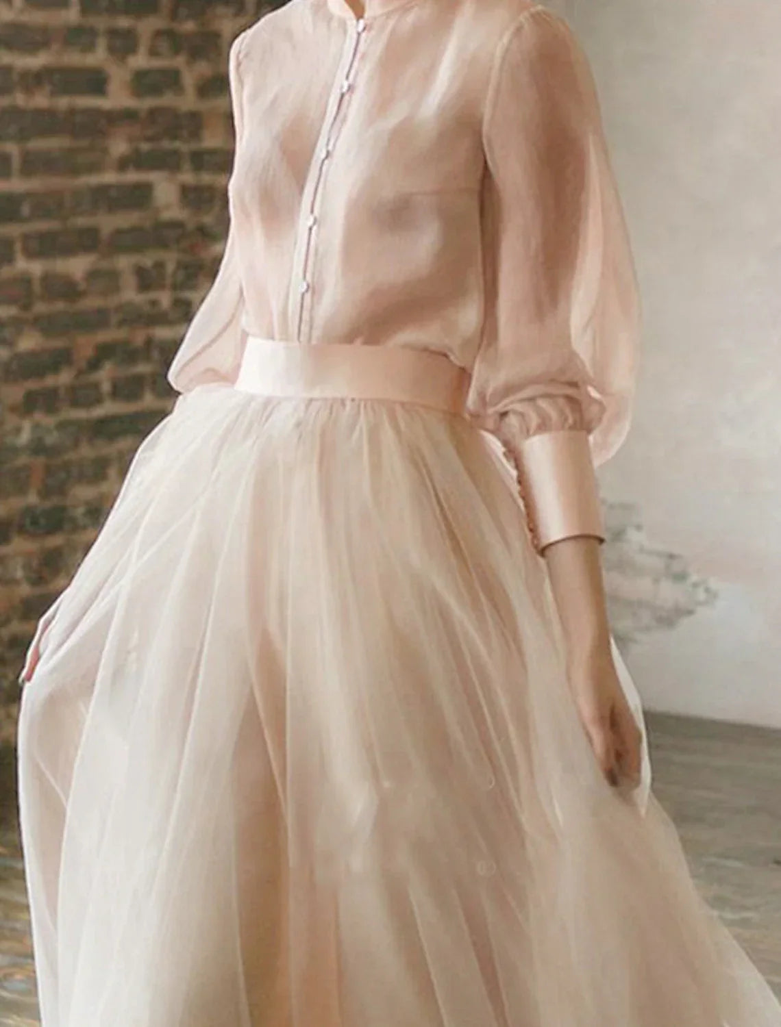 Two Piece Empire Minimalist Wedding Guest Formal Evening Birthday Dress Stand Collar Long Sleeve Floor Length with Tier