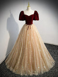Sparkle Elegant Wedding Guest Engagement Dress Illusion Neck Short Sleeve Floor Length with Tassel Appliques