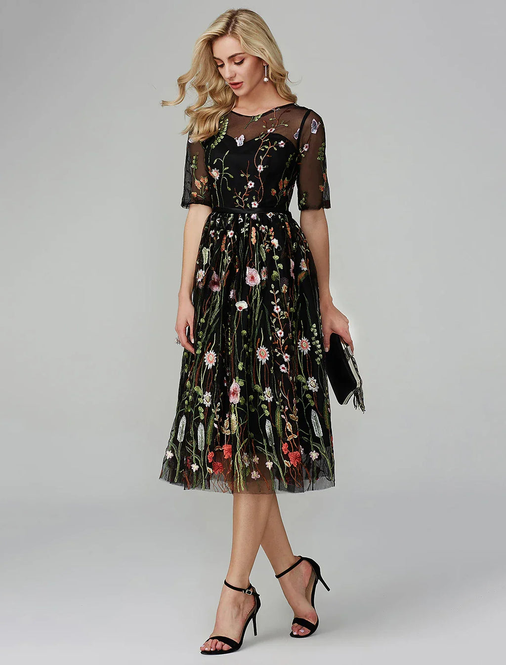 Holiday Tea Length Half Sleeve Illusion Neck Fall Wedding Guest with Embroidery Appliques