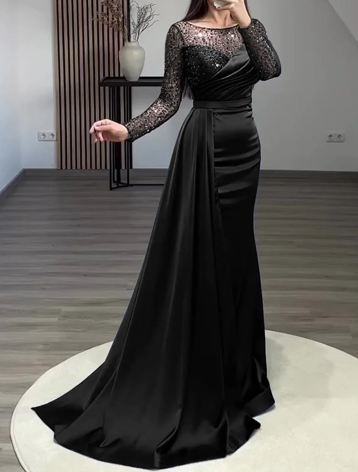 Green Mermaid Dress Evening Gown Christmas Red Dress Formal Wedding Guest Court Train Long Sleeve Jewel Neck Charmeuse with Ruched Pearls