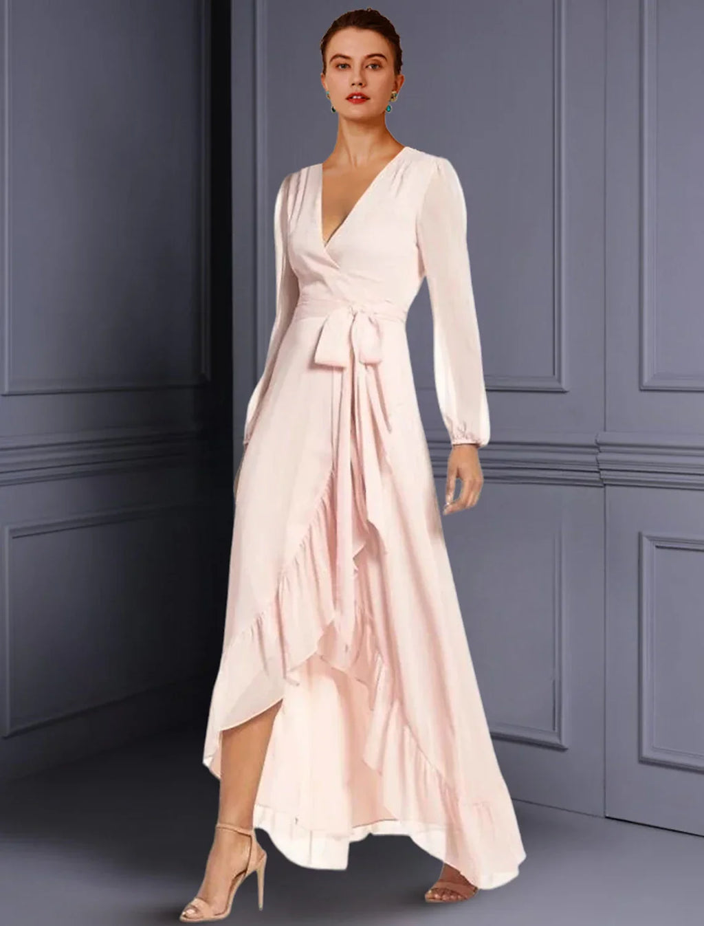 Mother of the Bride Dress Wedding Guest Elegant High Low V Neck Asymmetrical Tea Length Long Sleeve with Ruched Split Front
