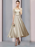Chic a line illusion neck lace sleeve illusion back midi mother of the bride dresses
