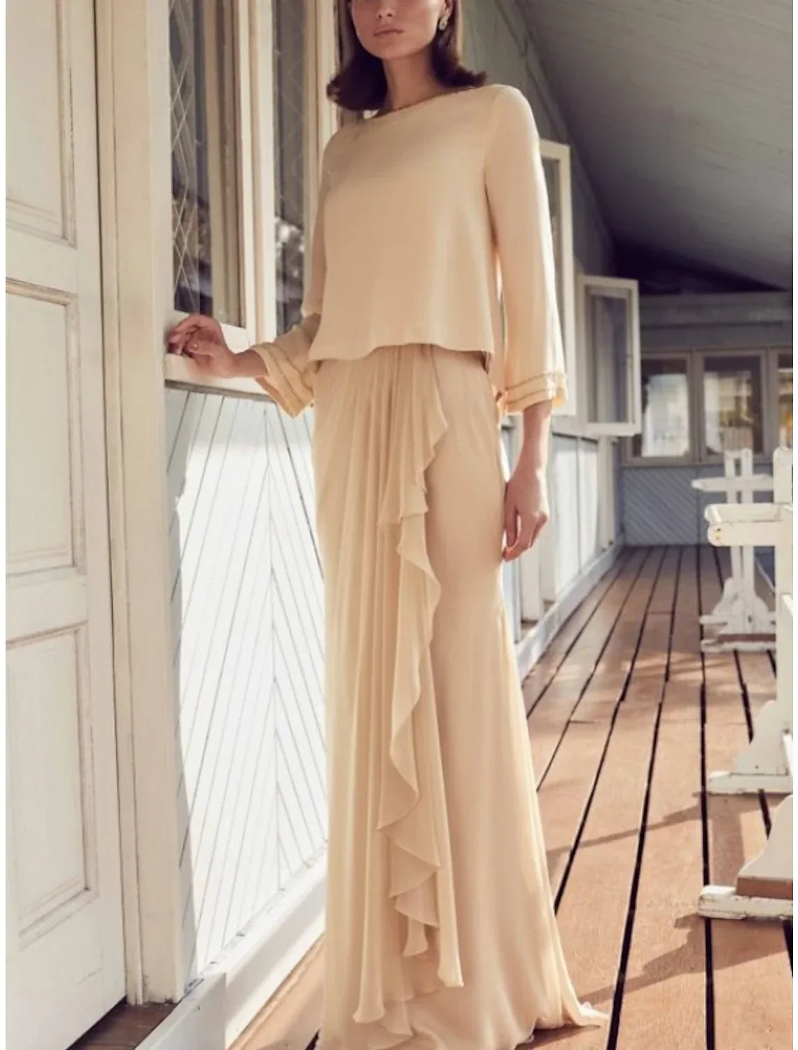 Sheath / Column Mother of the Bride Dress Wedding Guest Simple Elegant Scoop Neck Floor Length Long Sleeve with Pleats Ruffles