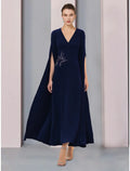 Mother of the Bride Dress Wedding Guest Elegant V Neck Ankle Length Half Sleeve with Ruching Solid Color