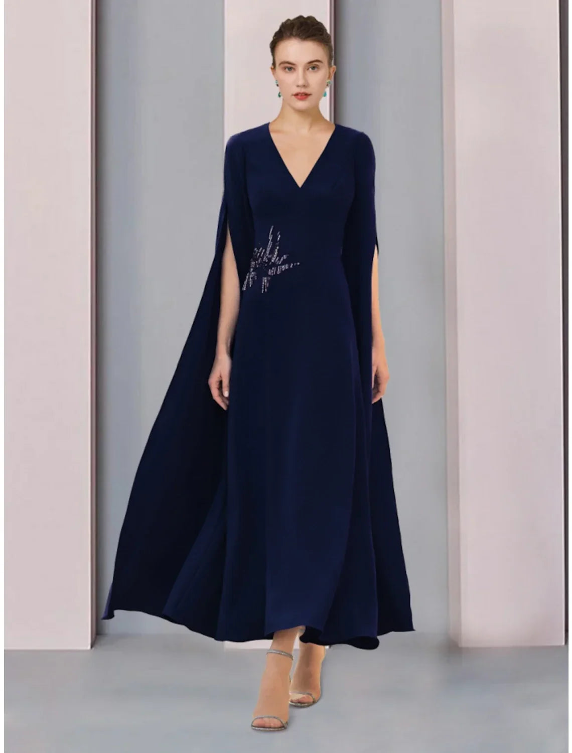 Mother of the Bride Dress Wedding Guest Elegant V Neck Ankle Length Half Sleeve with Ruching Solid Color