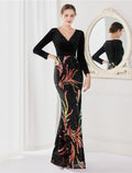Evening Gown Elegant Dress Wedding Floor Length Long Sleeve V Neck V Back with Slit