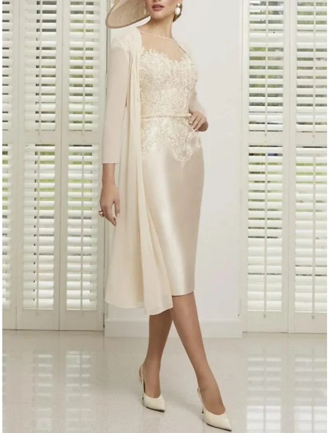 Two Piece Mother of the Bride Dress Wedding Guest Elegant Petite Illusion Neck Knee Length Long Sleeve with Ruching Solid Color