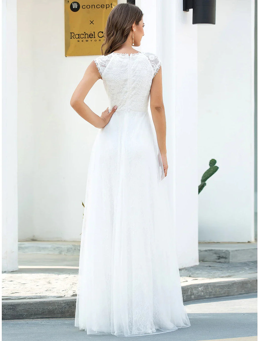 Beach Wedding Dresses Floor Length A-Line Short Sleeve V Neck