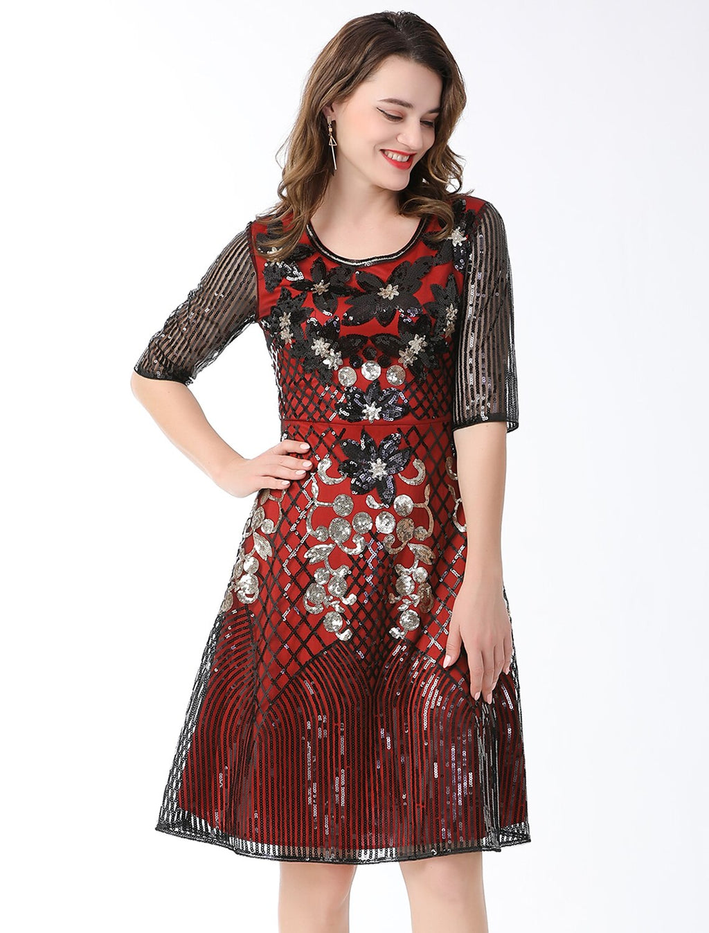 Cocktail Dresses Vintage Dress Holiday Party Wear Knee Length Half Sleeve Jewel Neck Blend with Splicing