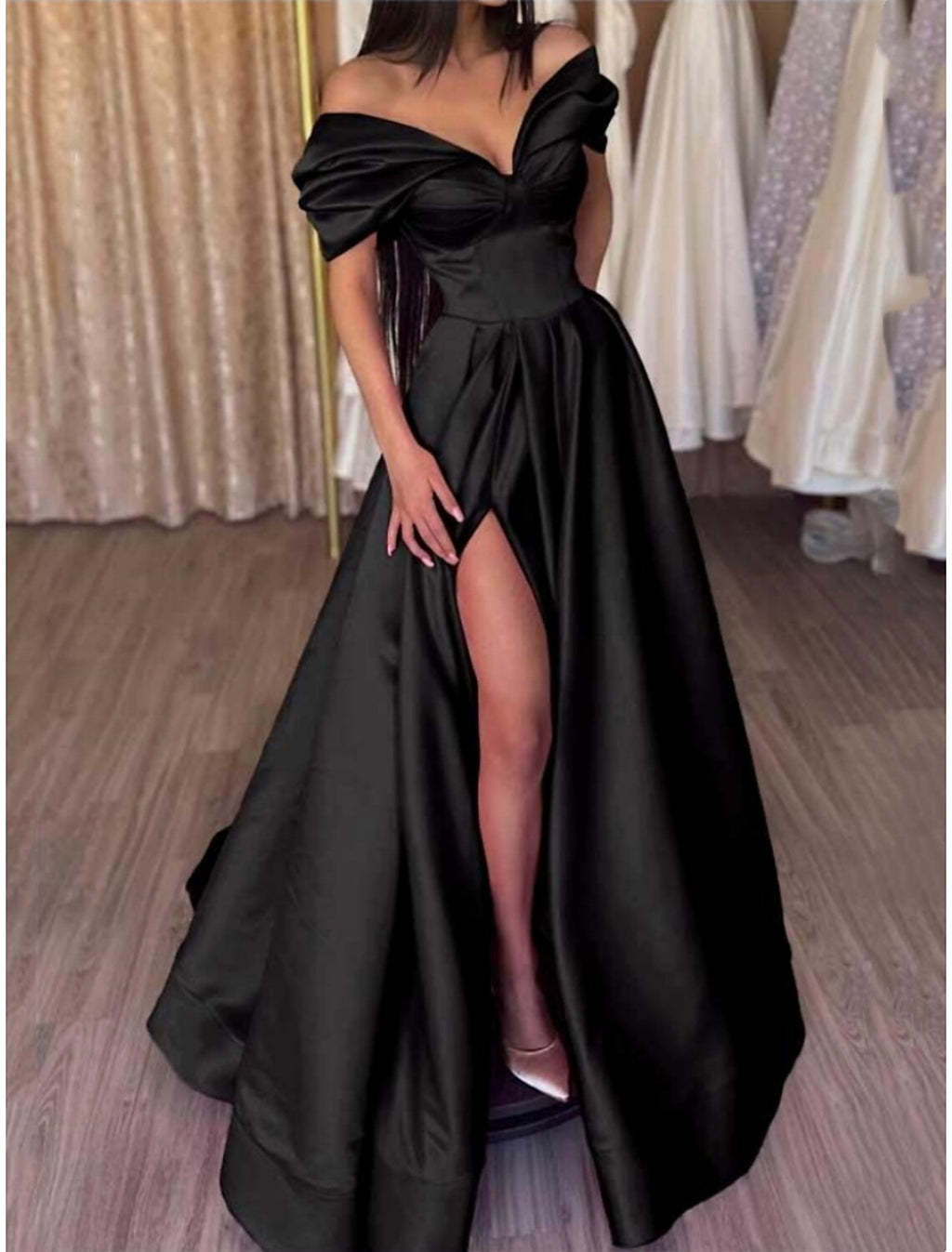 Black Evening Gown High Split Dress Dress Formal Carival Floor Length Short Sleeve Off Shoulder with Pleats Slit