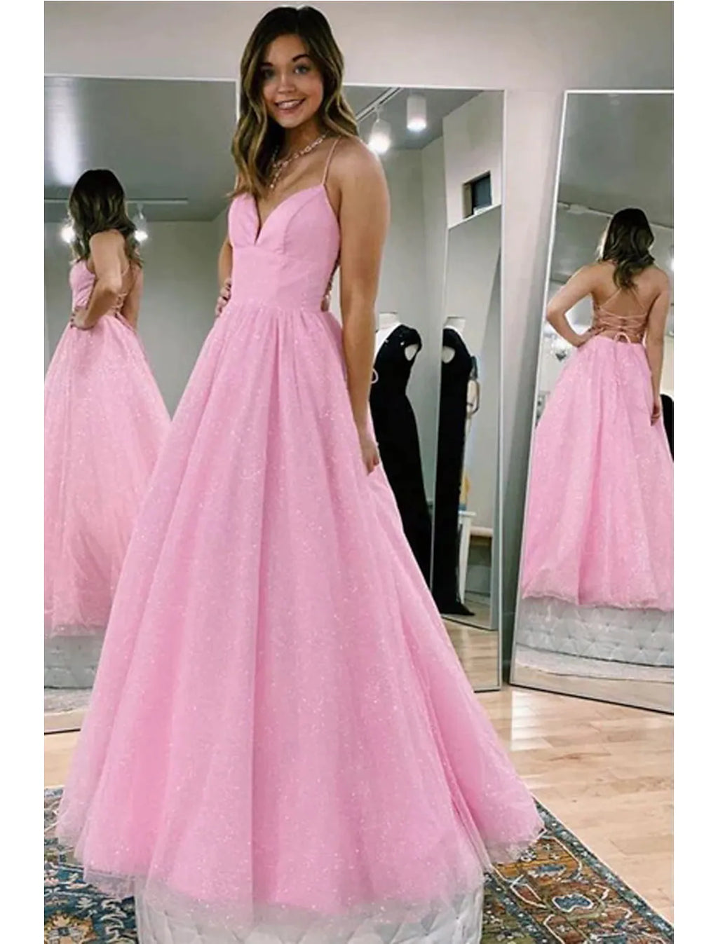Ball Gown A-Line Prom Dresses Glittering Dress Formal Floor Length Sleeveless V Neck Backless with Pleats