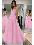 Ball Gown A-Line Prom Dresses Glittering Dress Formal Floor Length Sleeveless V Neck Backless with Pleats