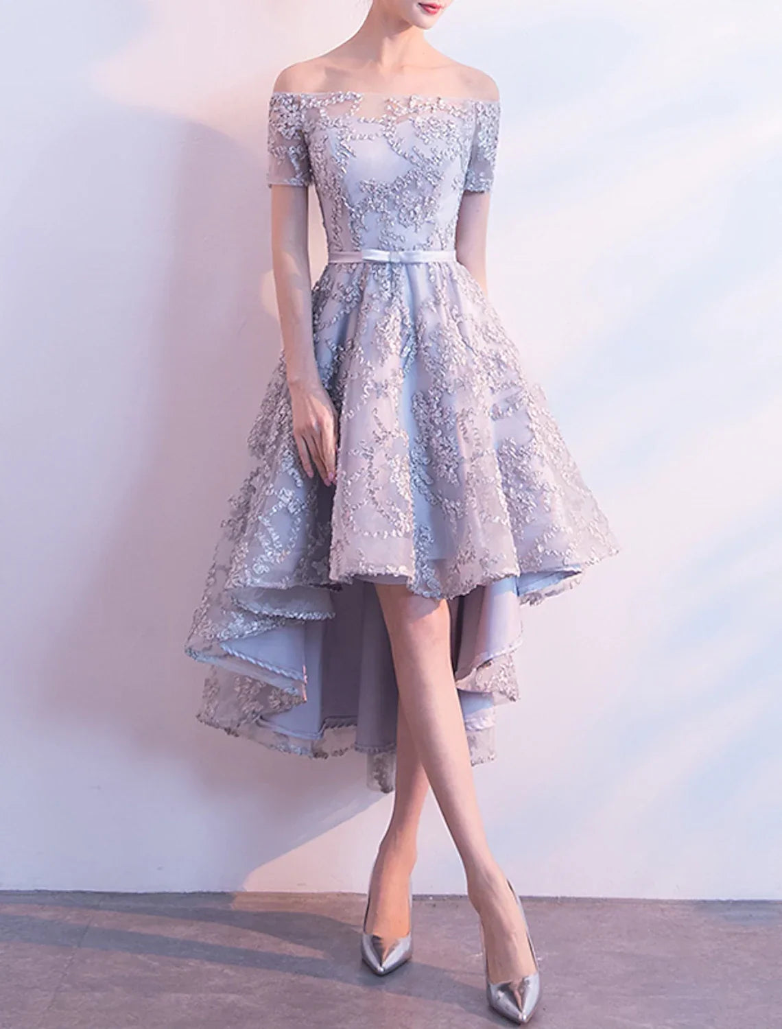 Cocktail Dresses Minimalist Dress Homecoming Party Wear Asymmetrical Short Sleeve Off Shoulder with Bow(s) Pleats