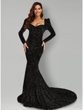 Black Evening Gown Dress Formal Court Train Long Sleeve Square Neck