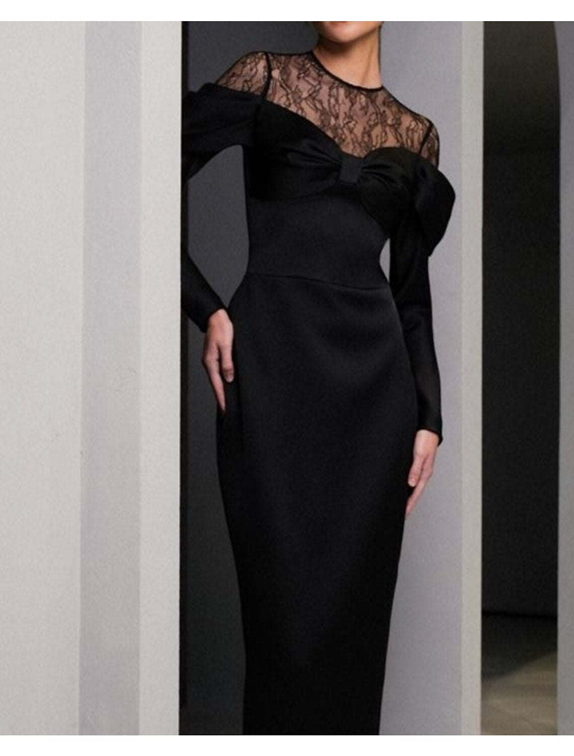 Sheath / Column Mother of the Bride Dress Formal Wedding Guest Party Elegant Scoop Neck Floor Length Long Sleeve with Bow(s)