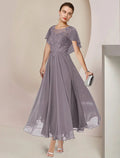 Mother of the Bride Dress Elegant Scoop Neck Tea Length Sleeveless with Beading Appliques