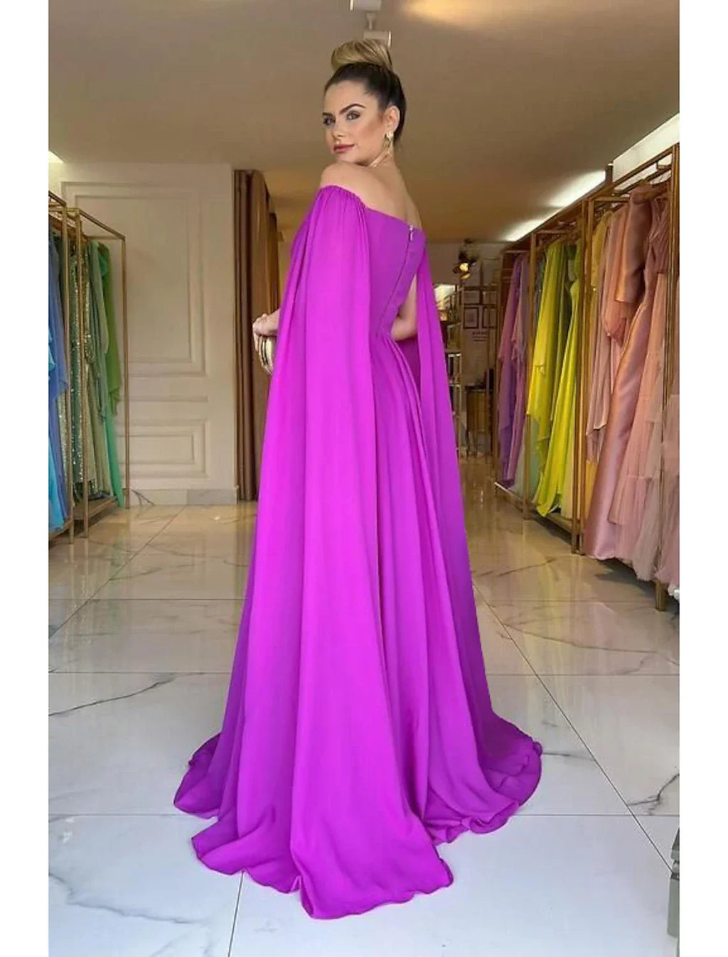 Evening Gown Elegant Dress Formal Sweep / Brush Train Sleeveless Off Shoulder Capes with Pleats
