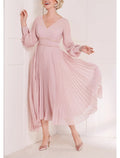 Mother of the Bride Dress Formal Wedding Guest Elegant Scoop Neck V Neck Tea Length Long Sleeve with Crystals Ruching Solid Color