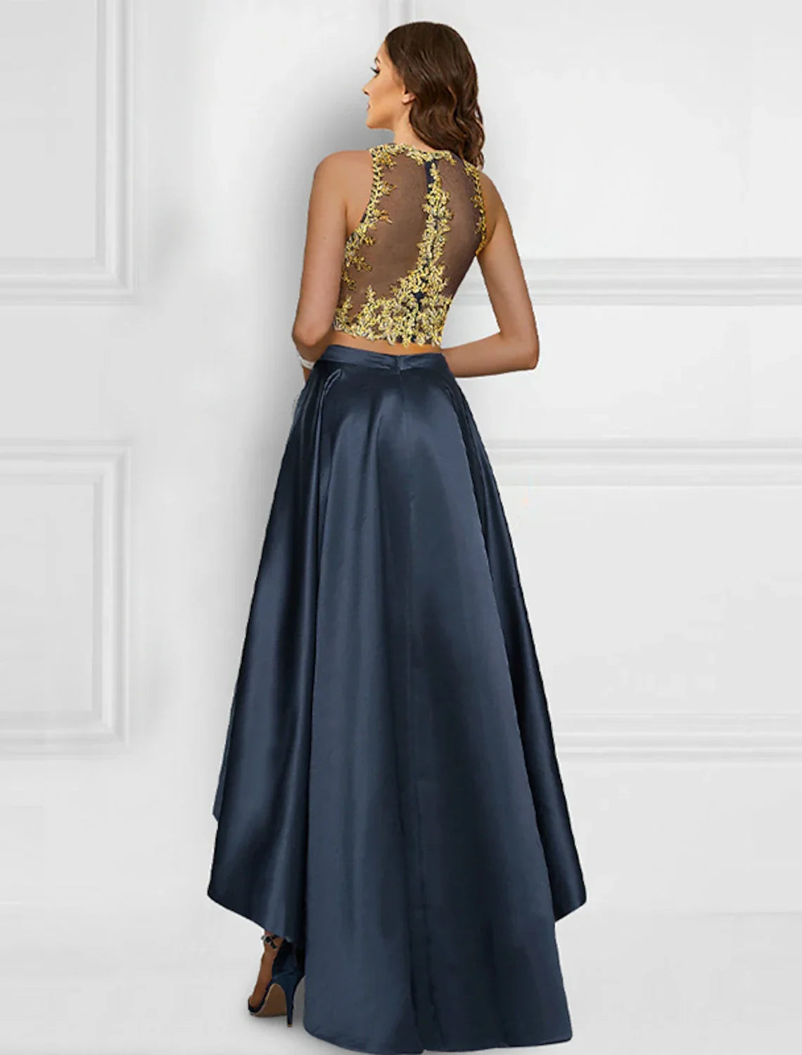 Two Piece Cocktail Dresses Sparkle & Shine Dress Prom Wedding Party Asymmetrical Sleeveless Jewel Neck Charmeuse with Appliques