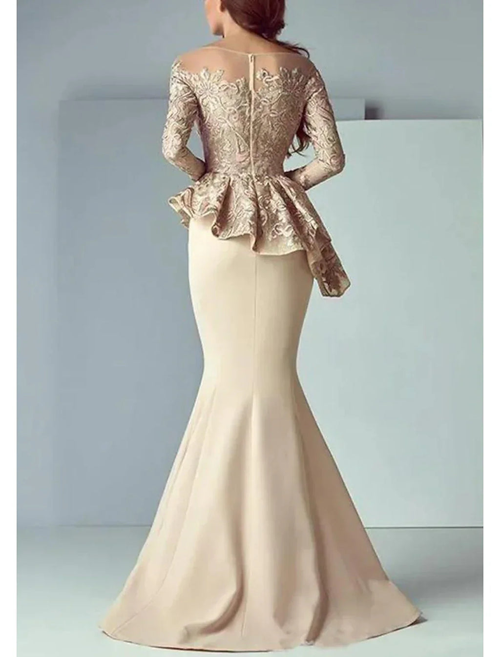 Mermaid / Trumpet Mother of the Bride Dress Formal Wedding Guest Elegant Scoop Neck Floor Length Fabric Long Sleeve with Ruffles Appliques